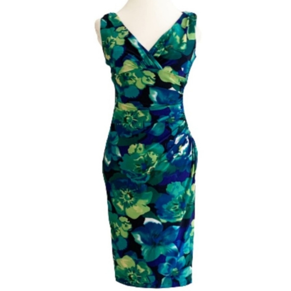 LAUREN RALPH LAUREN FAUX WRAP RUCHED SLEEVELESS DRESS SZ 12